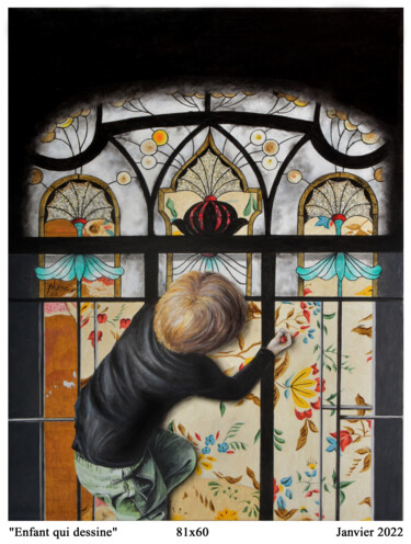 Peinture intitulée "Enfant qui dessine" par Plumerand Frédéric, Œuvre d'art originale, Huile Monté sur artwork_cat.