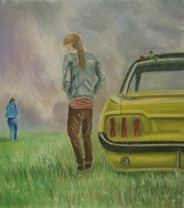 제목이 "Départ"인 그림 P. Le Sommer로, 원작, 파스텔