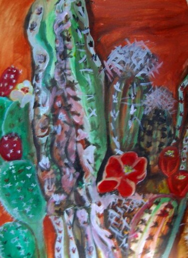 Painting titled "Cactus Flower" by Chicana Artist.... Ruth Olivar Millan, Original Artwork