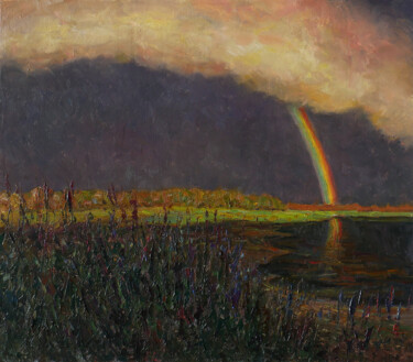 Rainbow landscape painting Painting titled "Rainbow landscape p…" by Nikolay Dmitriev, Original Artwork, Oil Mounted on Cardboard