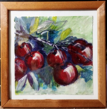 Painting titled "Cherry branch oil p…" by Kateart, Original Artwork, Oil Mounted on Wood Stretcher frame