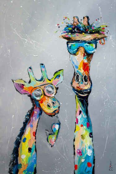 Painting titled "We love sunglasses" by Liubov Kuptsova, Original Artwork, Oil Mounted on Wood Stretcher frame