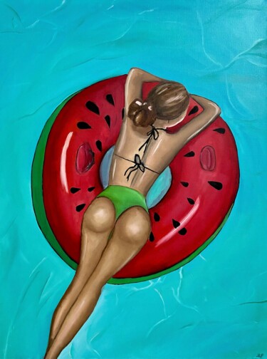 Woman and watermelon Painting titled "Woman and watermelon" by Mariia Fedorova, Original Artwork, Oil