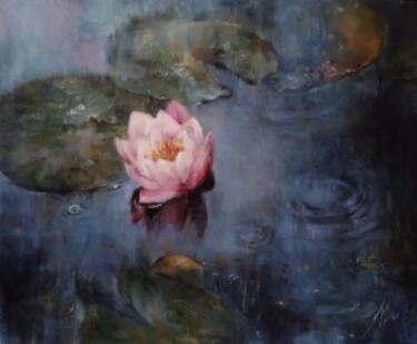 Painting titled "Waterlily in rain/N…" by Maria Bel, Original Artwork, Oil