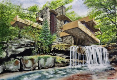 Painting titled "Fallingwater" by Geni Gorani, Original Artwork, Watercolor