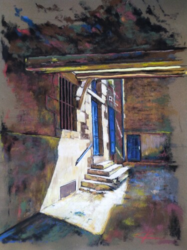 Drawing titled "Une porte, une cour…" by Philippe Ernauld, Original Artwork, Pastel Mounted on Other rigid panel