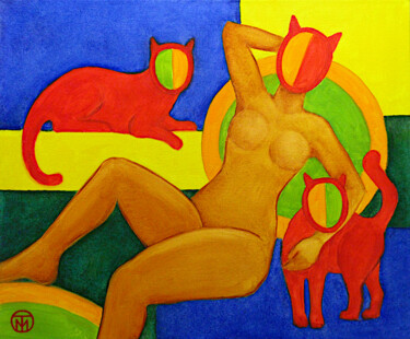 Nude Painting Erotic Naked Woman Painting Abstract Art Cat Pintura intitulada "Nude Painting Eroti…" por Tatiana Matveeva, Obras de arte originais, Óleo Montado em Armação em madeira