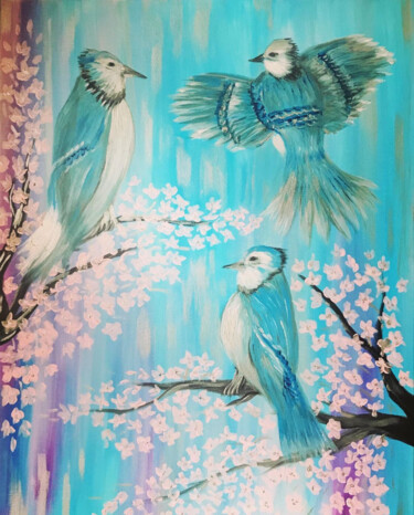 绘画 标题为“Three Blue Jays” 由Kholoud Androwis, 原创艺术品, 丙烯