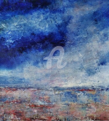 Malerei mit dem Titel "Marée basse bleue" von Pjc, Original-Kunstwerk, Öl Auf Karton montiert