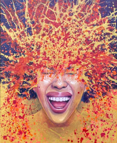 colorful laughing woman expressive mixed media painting 绘画 标题为“colorful laughing w…” 由Julia Brinkfrau, 原创艺术品, 油