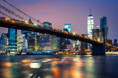 New York City Brooklyn Bridge Black And Skyline Peinture intitulée "New York City Brook…" par Tony Rubino, Œuvre d'art originale, Acrylique Monté sur Châssis en bois