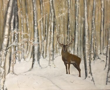 「CERF sur l'Aubrac」というタイトルの絵画 Geneviève Madrigalによって, オリジナルのアートワーク, オイル ウッドストレッチャーフレームにマウント