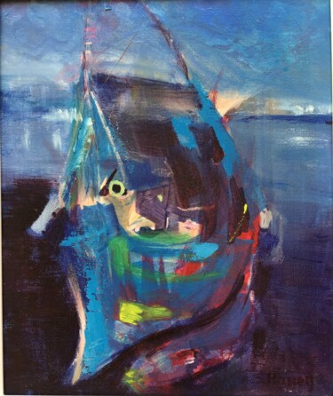 绘画 标题为“Blue Boat 2” 由Sandra Haney, 原创艺术品, 油 安装在其他刚性面板上