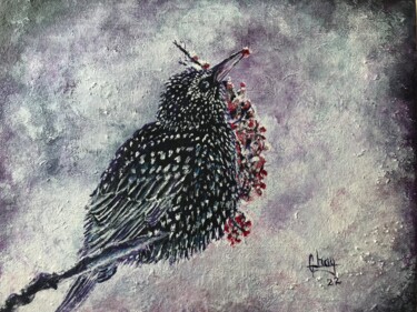 Painting titled "l'étourneau" by Marie-Noelle Chauny, Original Artwork, Acrylic Mounted on Wood Stretcher frame