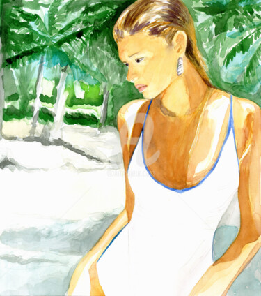 Model in swimsuit ,現代藝術 ,2022 , girl in swimsuit Peinture intitulée "Model in swimsuit ,…" par Katwrina Golban, Œuvre d'art originale, Aquarelle