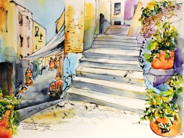 Un des escaliers de Chefchaouen au Maroc Tekening getiteld "Un des escaliers de…" door René Blanchet, Origineel Kunstwerk, Inkt