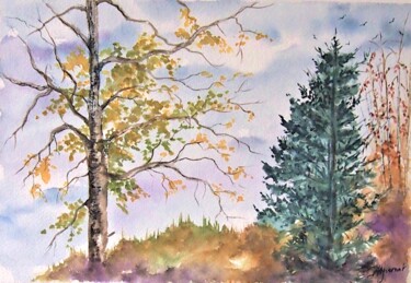les arbres d'un jardin voisin - aquarelle originale signée Painting titled "les arbres d'un jar…" by Patricia Giroldini Hyvernat, Original Artwork, Watercolor