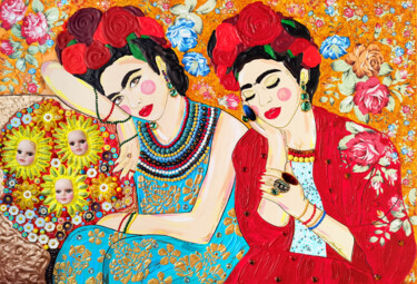 Two Fridas - sculptural 3d artwork, female portrait art "Two Fridas - sculpt…" başlıklı Tablo Bast tarafından, Orijinal sanat, Akrilik Ahşap Sedye çerçevesi üzerine monte edilmiş