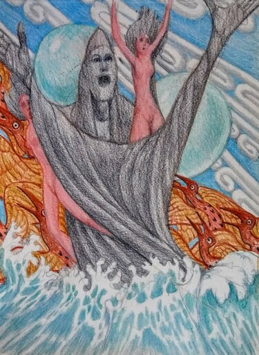 The Rock in the Sea with Sea Birds 图画 标题为“The Rock in the Sea…” 由Edwin Loftus, 原创艺术品, 粉彩 安装在其他刚性面板上