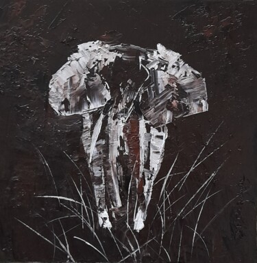 제목이 "L'éléphant Africain"인 미술작품 Jean-Pierre Duquaire로, 원작, 기름 나무 들것 프레임에 장착됨