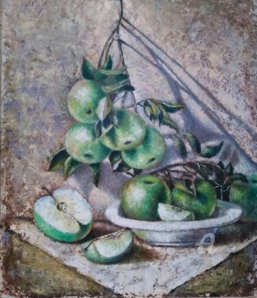 Ζωγραφική με τίτλο "Green apples" από Ольга Макарова, Αυθεντικά έργα τέχνης, Λάδι