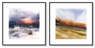 Landscape painting set. Winter and autumn scenery diptych 제목이 "Landscape painting…"인 미술작품 Olya Grigorevykh로, 원작, 수채화