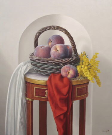 Painting titled "Le panier de pêches" by Reza Sarrafi, Original Artwork, Oil