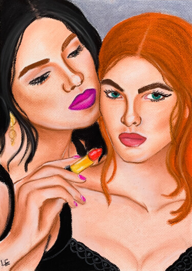 Beautiful passionate girls and red lipstick best decor Рисунок под названием "Beautiful passionat…" - Elena Polak, Подлинное произведение искусства, Пастель