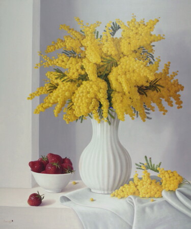 Le bouquet de mimosas et bol de fraises Peinture intitulée "Le bouquet de mimos…" par Reza Sarrafi, Œuvre d'art originale, Huile