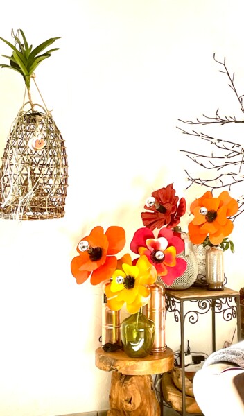 Lampes fleurs pavots colorés Design intitulée "Lampes fleurs pavot…" par Joel Carpentier (Ambiance d'Antan), Œuvre d'art originale, Luminaire