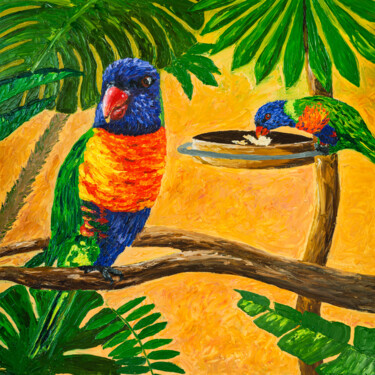 Australian Parrots Rainbow Lorikeet Jungle Birds Exotic Tree 绘画 标题为“Australian Parrots…” 由Arina Yastrebova, 原创艺术品, 油 安装在木质担架架上