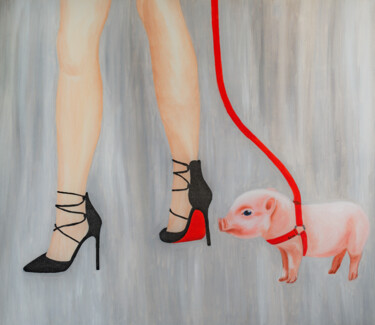 Walking Mini Pig, Animal and Woman Shoes, Abstract Lady Gray Painting titled "Walking Mini Pig, A…" by Arina Yastrebova, Original Artwork, Oil Mounted on Wood Stretcher frame
