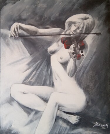 Nude woman playing violin oil painting on canvas 绘画 标题为“Nude woman playing…” 由Filip Petrovic, 原创艺术品, 油