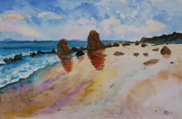 Watercolor of a beach in Algarve Portugal Peinture intitulée "Watercolor of a bea…" par Jean-Marc Quilichini, Œuvre d'art originale, Aquarelle