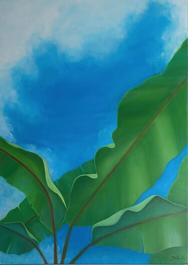 Painting titled "Banana Leaves under…" by Sofia Nikolaou, Original Artwork, Acrylic