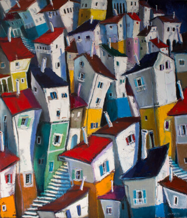 Painting titled "/Au cœur de la vill…" by Laurent Chimento, Original Artwork, Oil Mounted on Wood Stretcher frame