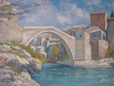 Mostar bridge acrylic painting on canvas 绘画 标题为“Mostar bridge acryl…” 由Filip Petrovic, 原创艺术品, 丙烯