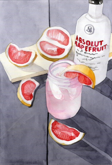 Grapefruit alcoholic cocktail , 現代藝術 ,2022 Peinture intitulée "Grapefruit alcoholi…" par Katwrina Golban, Œuvre d'art originale, Aquarelle