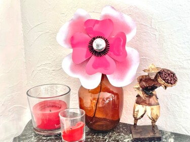 Lampe fleur le pavot ROSE ET BLANC Design intitulée "Lampe fleur le pavo…" par Joel Carpentier (Ambiance d'Antan), Œuvre d'art originale, Luminaire