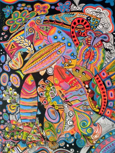 Poissons imaginaires 1 Peinture intitulée "Poissons imaginaire…" par Anne Cabon, Œuvre d'art originale, Acrylique