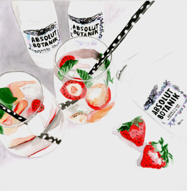Strawberries and alcoholic cocktail, 現代藝術 , 2022 Peinture intitulée "Strawberries and al…" par Katwrina Golban, Œuvre d'art originale, Aquarelle