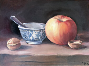 Still life with apple and nuts Painting titled "Still life with app…" by Mariya Bogdanova, Original Artwork, Oil Mounted on Wood Stretcher frame