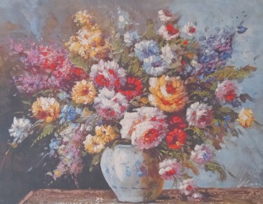 Colorful flowers in a blue vase acrylic painting on canvas 绘画 标题为“Colorful flowers in…” 由Filip Petrovic, 原创艺术品, 丙烯