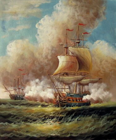 Painting titled "Naval battle 015" by Lermay Chang, Original Artwork, Oil Mounted on Wood Stretcher frame
