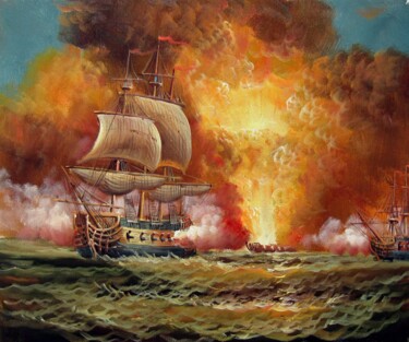 绘画 标题为“Naval battle 016” 由Lermay Chang, 原创艺术品, 油 安装在木质担架架上