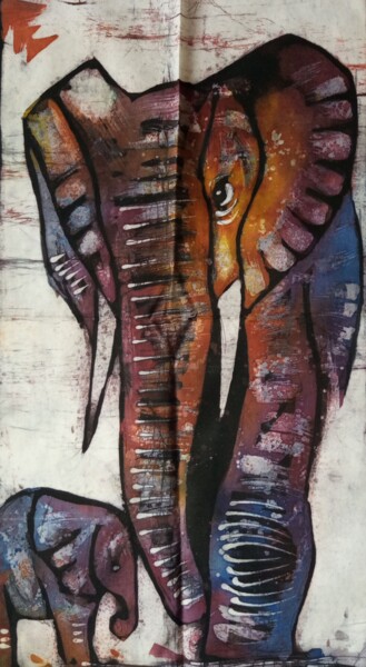 Elephants 绘画 标题为“Elephants” 由Jafeth Moiane, 原创艺术品, 蜡
