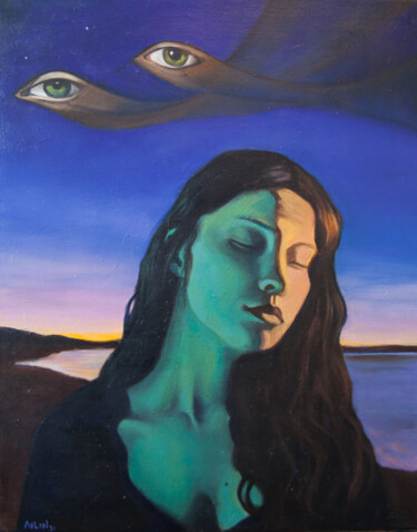 Schilderij getiteld "La Meditation" door Ailin, Origineel Kunstwerk, Olie Gemonteerd op Frame voor houten brancard