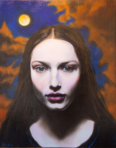 Schilderij getiteld "La Lune" door Ailin, Origineel Kunstwerk, Olie Gemonteerd op Frame voor houten brancard