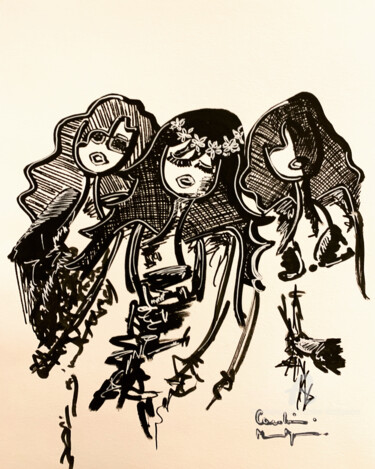 Dessin intitulée "Rock’ n Nanas" par Caroline Montigneaux, Œuvre d'art originale, Marqueur