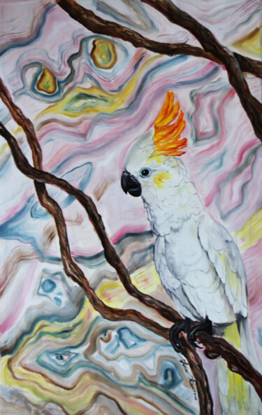 Cockatoo parrot on a tree branch against a pink onyx wall. Painting titled "Cockatoo parrot on…" by Julia Crystal, Original Artwork, Oil